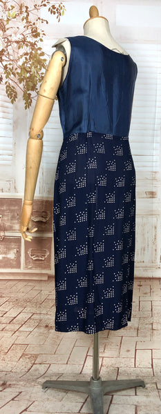 Fabulous Original Late 1930s Volup Vintage Navy Blue And White Abstract Print Dress And Jacket Set