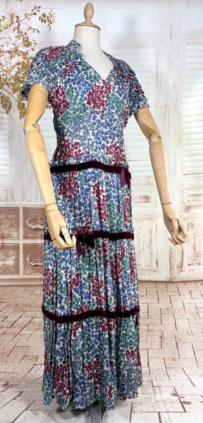 Late 1930s / Early 1940s Tiered Floral Day Dress with Velvet Trim