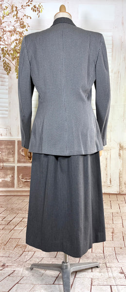 Sharply Tailored 1940s Grey Pinstripe Skirt Suit with Contrast Lapels