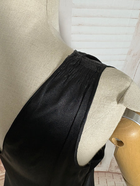 Exquisite Black Late 1920s / Early 1930s Silk Satin Evening Dress With Ruffle Details