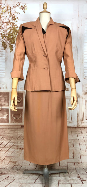 Incredible Original 1940s Volup Dress Suit In Tan With Chocolate Brown Accents