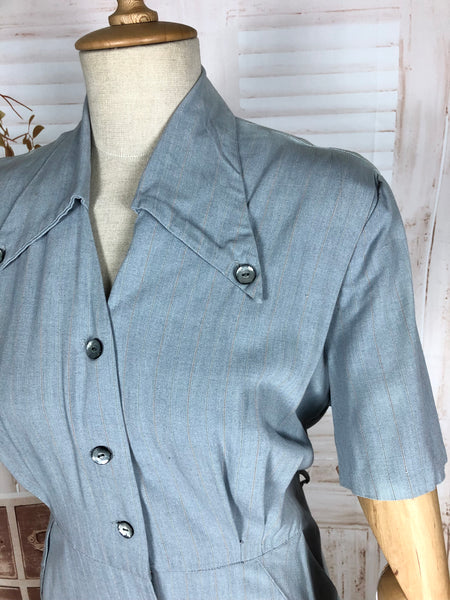 Original 1940s Volup Pinstriped Shirtwaister Dress With Sharp Dagger Collar