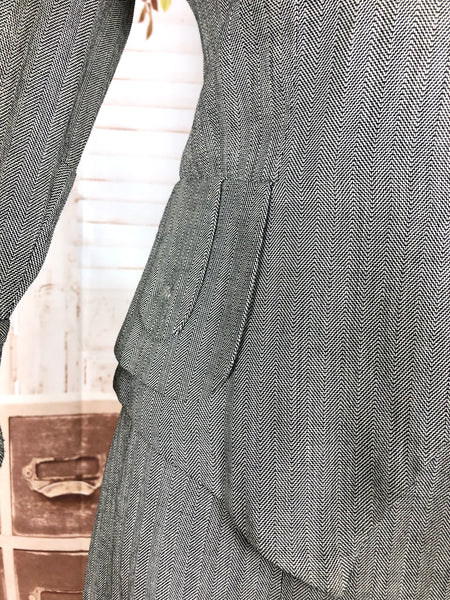 Stunning Grey 1940s Vintage Herringbone Skirt Suit With Statement Pockets By Cay Artley