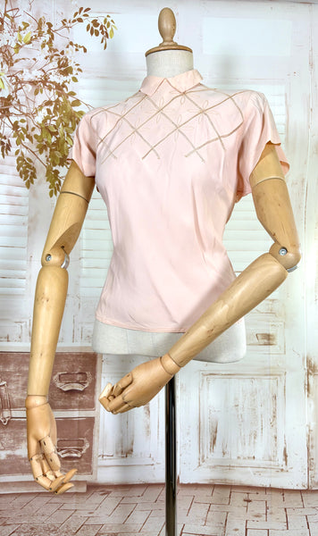 1940s Blush Pink Rayon Crepe Blouse – Lattice Openwork & Petal Embroidery