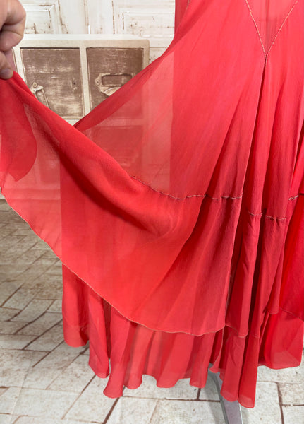 1920s Coral Silk Chiffon Beaded Flapper Dress