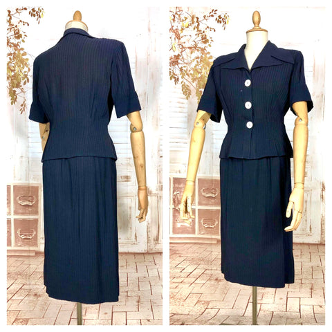 Exquisite Original 1940s Vintage Navy Blue Crepe Skirt Suit With Pin Tucks