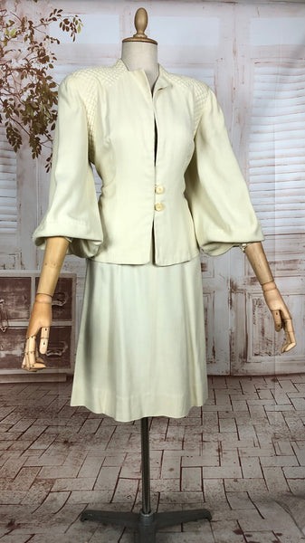 Incredible Original 1940s Vintage Off White Cream Skirt Suit With Quilted Shoulders And Huge Bishop Sleeves