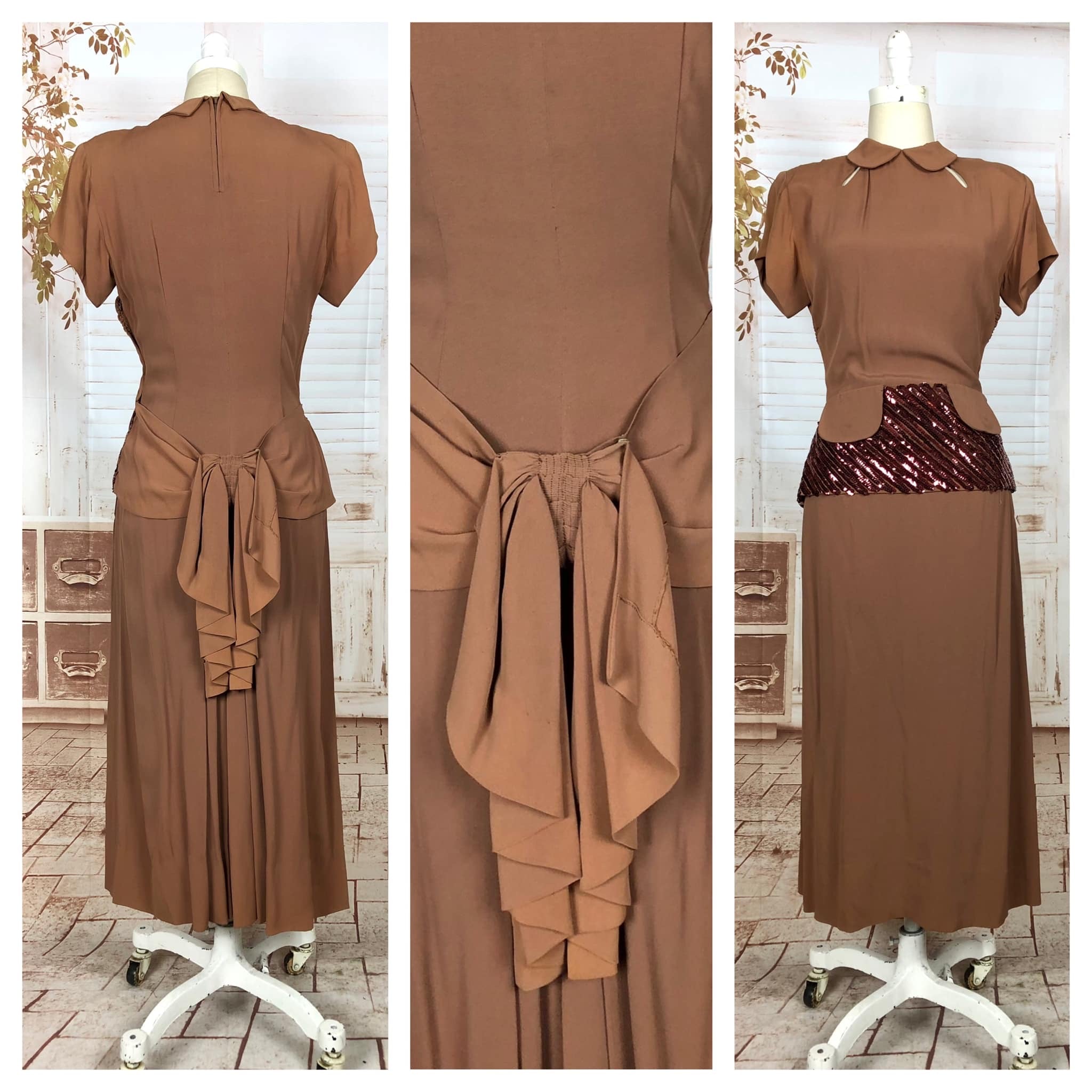 Exceptional Original 1940s Vintage Caramel Rayon Crepe Suit With Sequin Peplum And Bustle Back