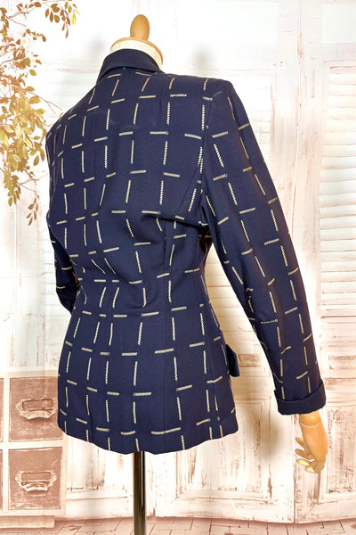 1940s Navy Wool Tailored Jacket – Woven Cream Rope Pattern, Shawl Collar