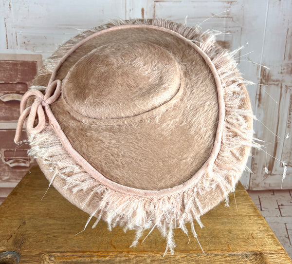Huge Pale Pink Early 1950s Platter Hat With Feather Trim