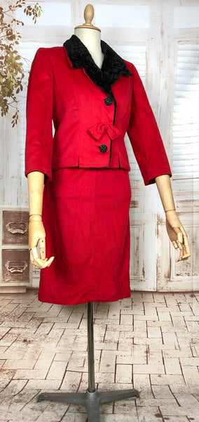 Amazing Original 1950s Vintage Lipstick Red Skirt Suit With Black Astrakhan Fur Lining