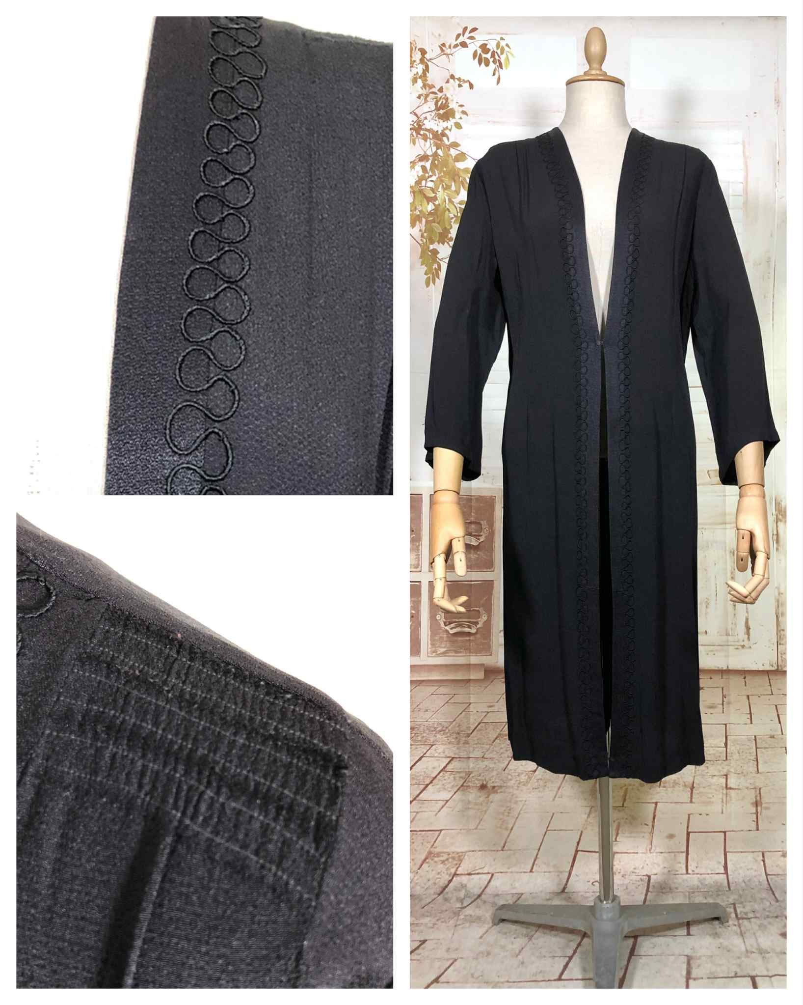 Classic Lightweight 1930s Black Crepe Coat With Soutache Trim