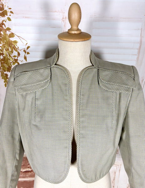 Grey Micro Check 1940s Cropped Bolero Jacket With Statement Shoulders