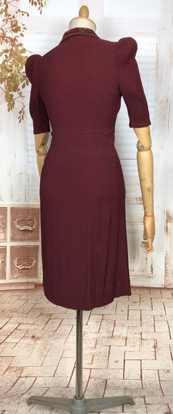 Amazing 1930s Burgundy Crepe Dress With Puff Sleeves And Colourful Crewel Embroidery