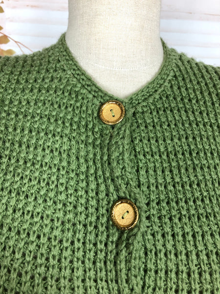 Exquisite Original 1940s Vintage Green Knit Cardigan By Cronies