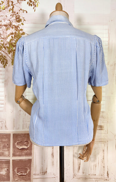 1940s Volup Blue & White Striped Blouse – Gathered Shoulders & Cross-Cut Patch Pocket