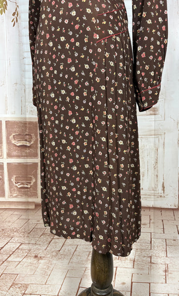 1930s Chocolate Brown Floral Crepe Dress with Pointed Cuffs