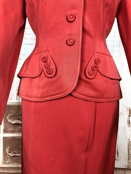 Incredible Original 1940s Vintage Coral Red Gabardine Skirt Suit By Jaunty Juniors