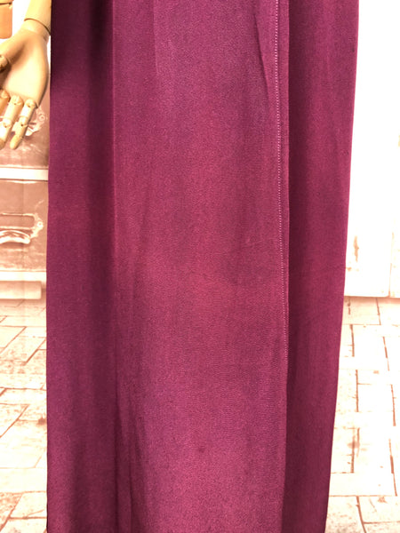 Rare Volup 1930s Burgundy Rayon Dress With Lace Accents And Bishop Sleeves