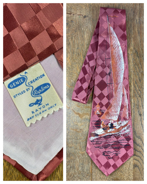 Rare 1940s Burgundy Check Handpainted Sailing Tie By Genie Creations