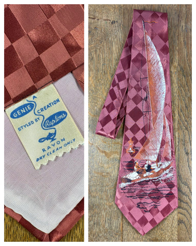 Rare 1940s Burgundy Check Handpainted Sailing Tie By Genie Creations