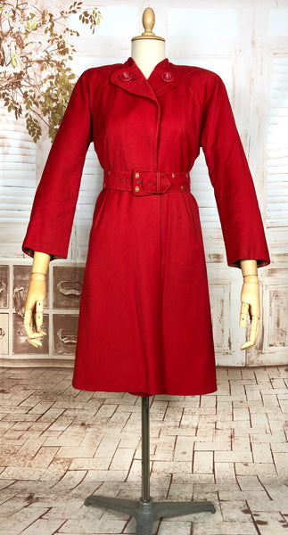 Exceptional Original 1940s Lipstick Red Coat By Gleneagles With Gold Studded Belt