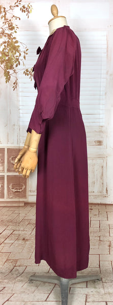 Rare Volup 1930s Burgundy Rayon Dress With Lace Accents And Bishop Sleeves