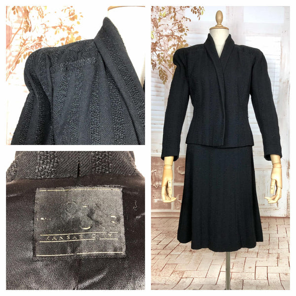 Amazing Original 1930s Black Skirt Suit With Textured Stripes