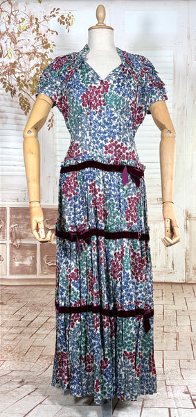 Late 1930s / Early 1940s Tiered Floral Day Dress with Velvet Trim