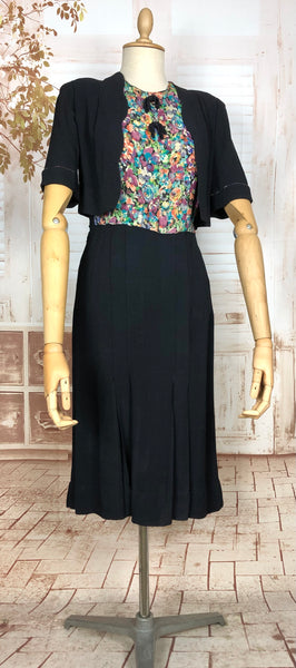 Wonderful Late 1930s / Early 1940s Black And Floral Print Dress With Mock Bolero Jacket