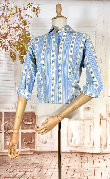 1950s Blue Floral Stripe Cotton Jacket Blouse