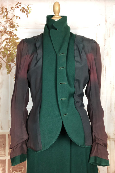 Amazing Original 1940s Vintage Forest Green Gabardine Suit With Button Details