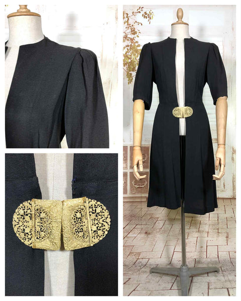 Exquisite 1930s Black Crepe Dress And Redingote Coat With Gold Filigree Buckle