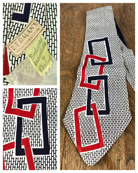 Late 1940s Early 1950s Red, Navy & White Interlocking Rectangles American Swing Tie – Berman's
