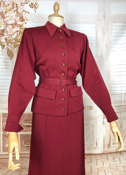 Exceptional 1940s Burgundy Red Gabardine Belted Skirt Suit By Gilbert Original