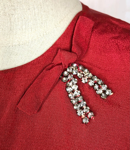Wonderful Original 1950s Vintage Red Faille Dress With Diamanté Embellishment