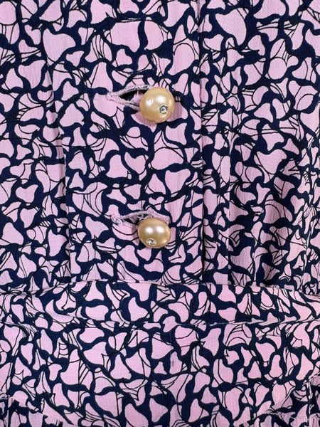1940s Pink And Navy Blue Abstract Print Rayon Day Dress