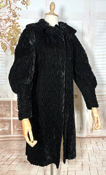 Exceptional 1920s / Early 1930s Black Textured Velvet Coat with Silk Lining and Bishop Sleeves