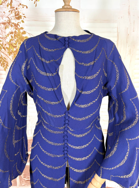 1930s Royal Blue Gold Lamé Chevron Coat | Statement Sleeve Antique Evening Coat