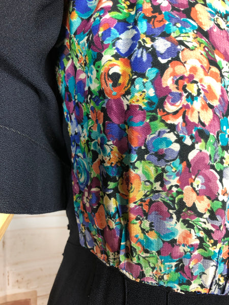 Wonderful Late 1930s / Early 1940s Black And Floral Print Dress With Mock Bolero Jacket