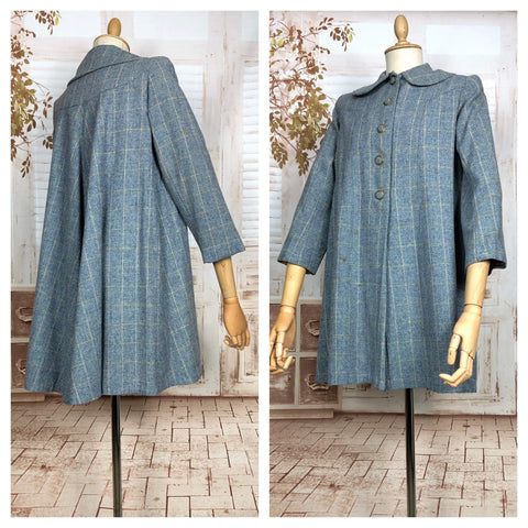 Beautiful Original Late 1940s Vintage Steel Blue And Yellow Plaid College Swing Coat