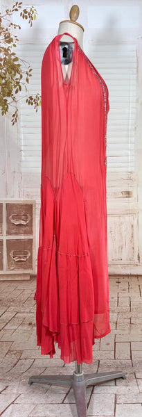 1920s Coral Silk Chiffon Beaded Flapper Dress