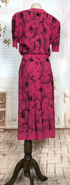 Incredible Original 1940s Vintage Fuchsia Pink Femme Fatale Dress With Black Embroidery And Sequins