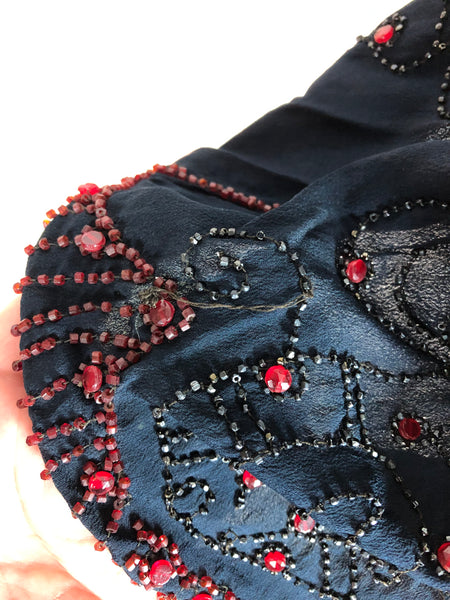 Exceptionally Rare Original 1920s Volup Navy Blue Flapper Blouse With Red Beading By French Couturier Adair House Of France