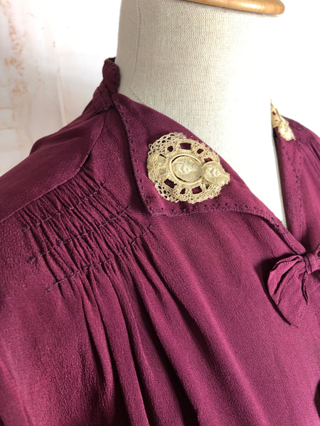 Rare Volup 1930s Burgundy Rayon Dress With Lace Accents And Bishop Sleeves