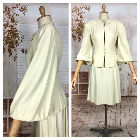 Incredible Original 1940s Vintage Off White Cream Skirt Suit With Quilted Shoulders And Huge Bishop Sleeves