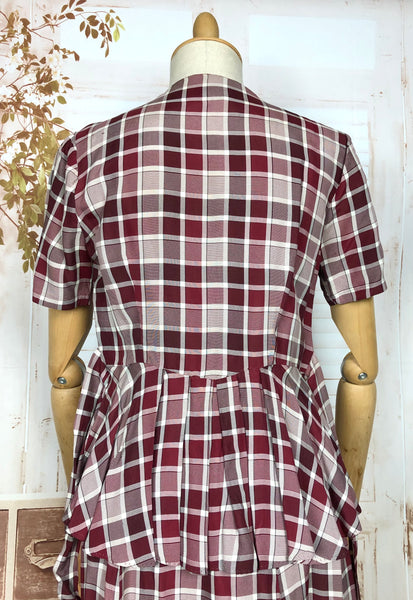 Fabulous Original 1940s Vintage Bustle Back Skirt Suit In Pink And Berry Plaid