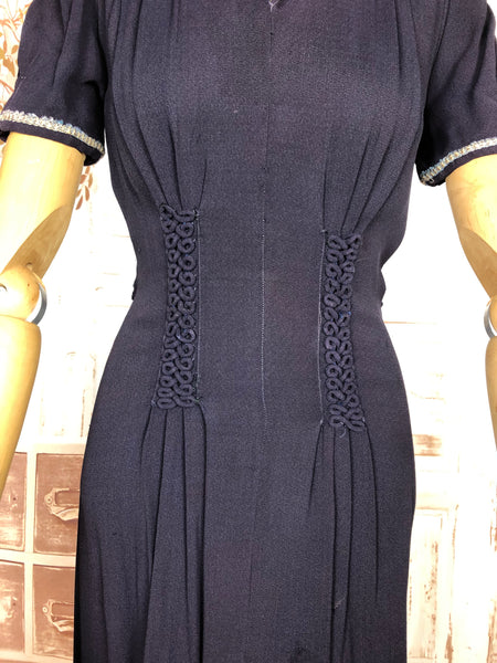 Fabulous Navy 1930s Dress With Puff Sleeves And Rouleau Trim