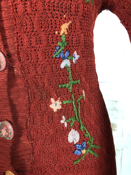 Amazing Original 1930s Vintage Rust Red Folk Embroidered Knit Cardigan