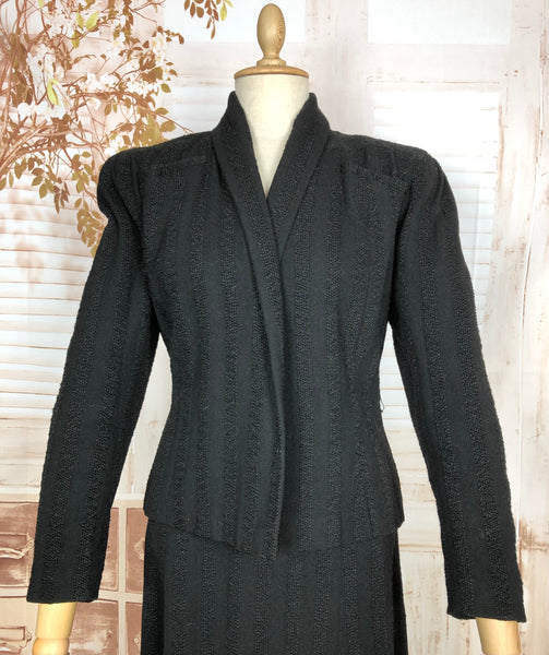 Amazing Original 1930s Black Skirt Suit With Textured Stripes